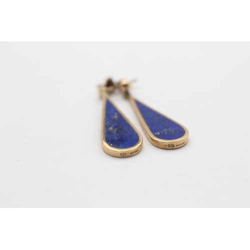 129 - 9ct Gold Lapis Lazuli Teardrop Cut Drop Stud Earrings (3.3g)