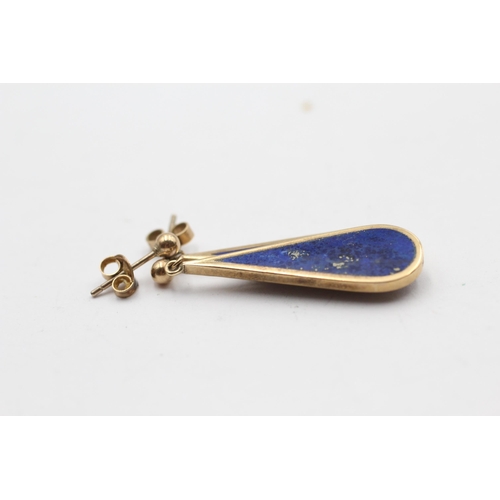 129 - 9ct Gold Lapis Lazuli Teardrop Cut Drop Stud Earrings (3.3g)