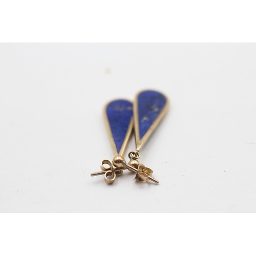 129 - 9ct Gold Lapis Lazuli Teardrop Cut Drop Stud Earrings (3.3g)