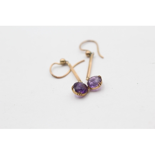 133 - 9ct Rose Gold Amethyst Round Cut Bar Drop Earrings (1.2g)