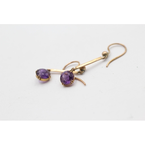 133 - 9ct Rose Gold Amethyst Round Cut Bar Drop Earrings (1.2g)