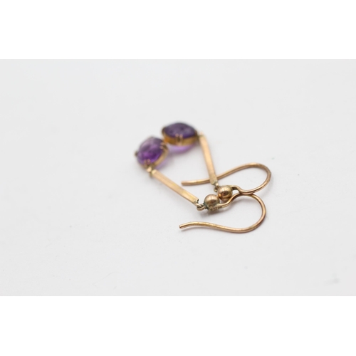 133 - 9ct Rose Gold Amethyst Round Cut Bar Drop Earrings (1.2g)