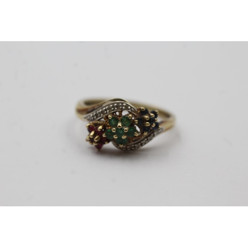 14 - 9ct Gold Ruby, Emerald, Sapphire & Diamond Floral Cluster Ring (2.7g) size Q1/2