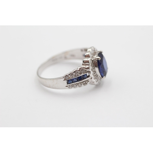 140 - 18ct White Gold Diamond And Sapphire Lace Halo Cluster And Shoulder Set Dress Ring (4.2g) size P1/2