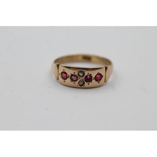 147 - 15ct Rose Gold Ruby And Pearl Vintage Six Stone Grain Set Dress Ring (2.8g) size O