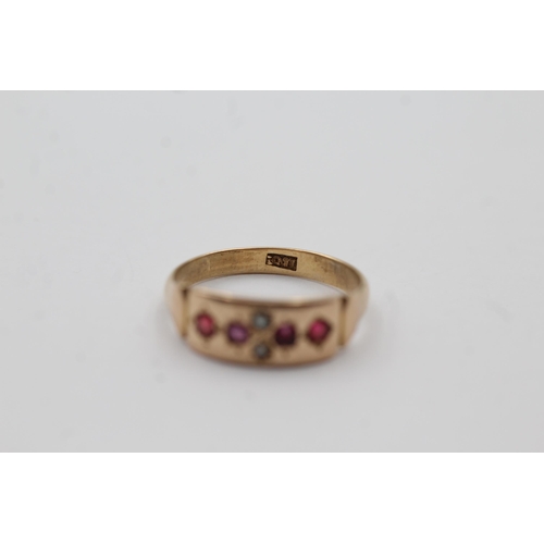 147 - 15ct Rose Gold Ruby And Pearl Vintage Six Stone Grain Set Dress Ring (2.8g) size O