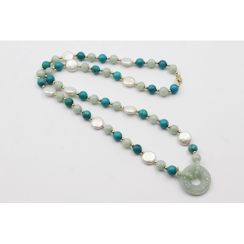 148 - 14ct Gold Clasp On Pearl, Jade And Turquoise Beaded Strand Necklace (54g)