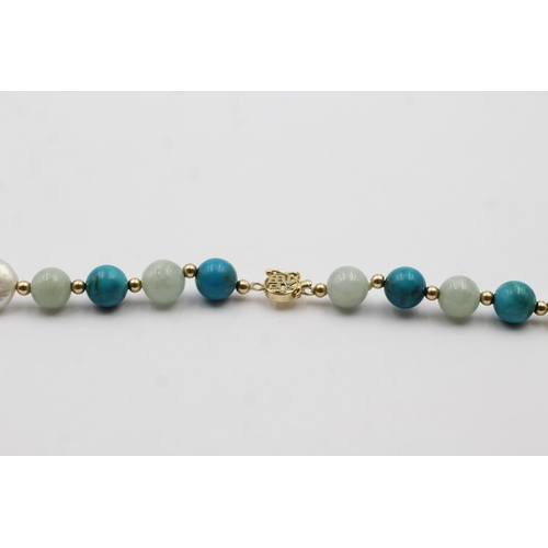 148 - 14ct Gold Clasp On Pearl, Jade And Turquoise Beaded Strand Necklace (54g)