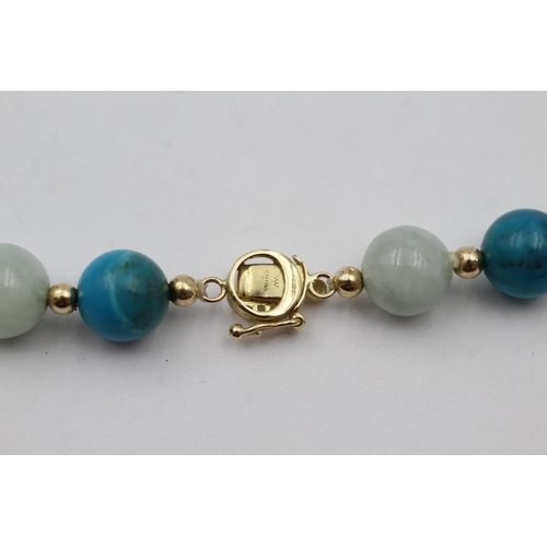 148 - 14ct Gold Clasp On Pearl, Jade And Turquoise Beaded Strand Necklace (54g)