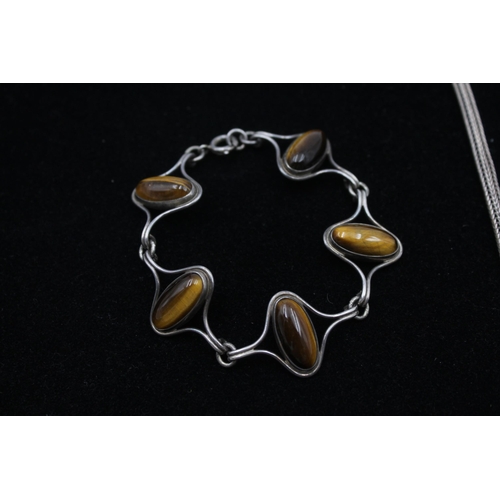 174 - A Modernist Silver Agate Necklace And A Tigerseye Bracelet (39g)