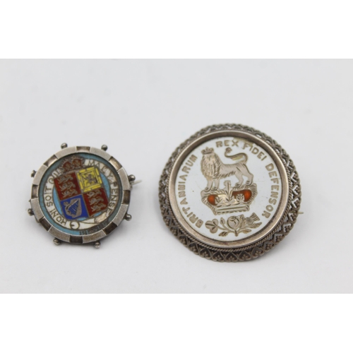 176 - Two Silver Enamel Coin Brooches (16g)