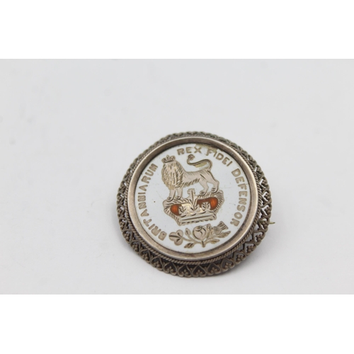 176 - Two Silver Enamel Coin Brooches (16g)