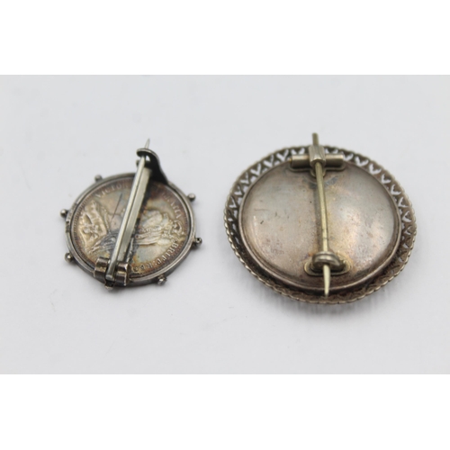 176 - Two Silver Enamel Coin Brooches (16g)