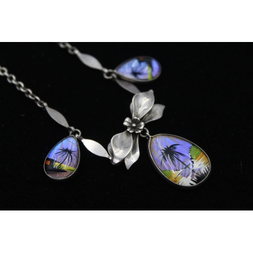 178 - A 1930s Silver Butterfly Wing Hand Painted Necklace By Thomas L Mott (18g)
