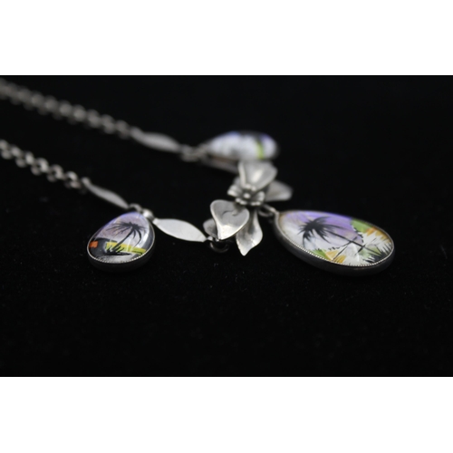 178 - A 1930s Silver Butterfly Wing Hand Painted Necklace By Thomas L Mott (18g)