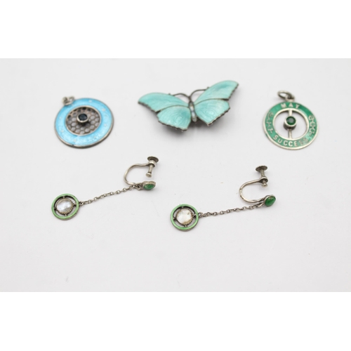 184 - Four Pieces Of Antique Silver Enamel Jewellery (15g)