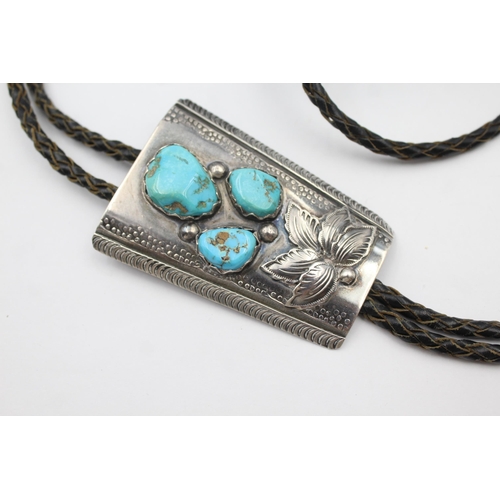 185 - A Silver Turquoise Set Bolo Tie By Zuni Artist Jose Calavaza (66g)