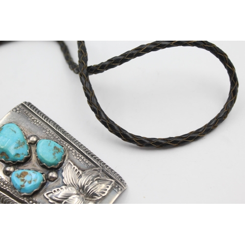 185 - A Silver Turquoise Set Bolo Tie By Zuni Artist Jose Calavaza (66g)