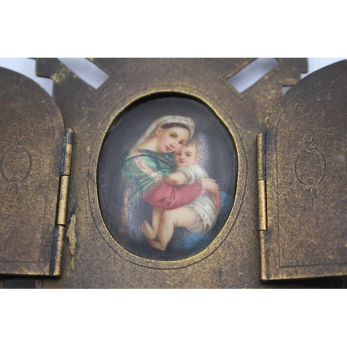 220 - Antique Handpainted Porcelain Virgin Mary & Jesus in Brass Frame w/ Hinged Doors