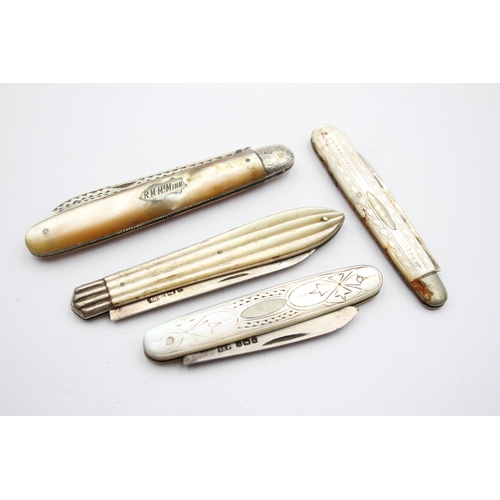 230 - 4 x Antique Hallmarked .925 STERLING SILVER Knives w/ MOP Handle (88g)