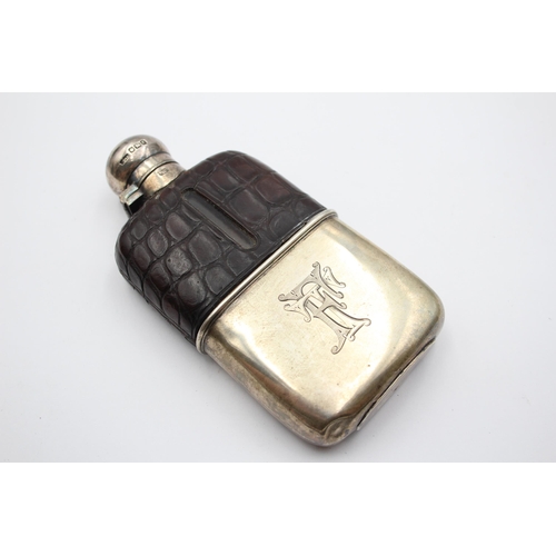 258 - Antique Victorian 1893 Sheffiled STERLING SILVER & Leather Hip Flask (223g)