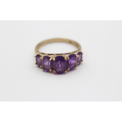 28 - 9ct Gold Amethyst Five Stone Statement Ring (2.6g) size P