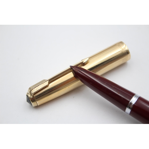 285 - Vintage PARKER 51 Burgundy FOUNTAIN PEN w/ Rolled Gold Cap WRITING Boxed