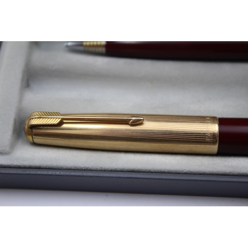 291 - Vintage PARKER 51 Burgundy FOUNTAIN PEN w/ Rolled Gold Cap, Pencil, Box Etc