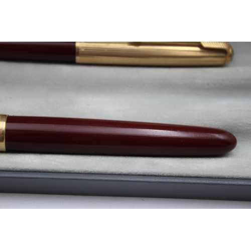 291 - Vintage PARKER 51 Burgundy FOUNTAIN PEN w/ Rolled Gold Cap, Pencil, Box Etc