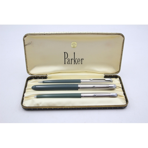 292 - Vintage PARKER 51 Grey FOUNTAIN PEN w/ Brushed Steel Cap, Ballpoint, Pencil, Box