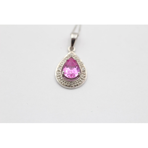 7 - 9ct White Gold Pink Gemstone & Diamond Teardrop Pendant Necklace (1.4g)