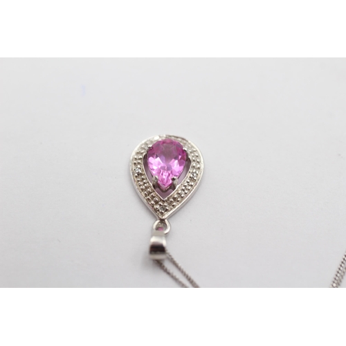 7 - 9ct White Gold Pink Gemstone & Diamond Teardrop Pendant Necklace (1.4g)