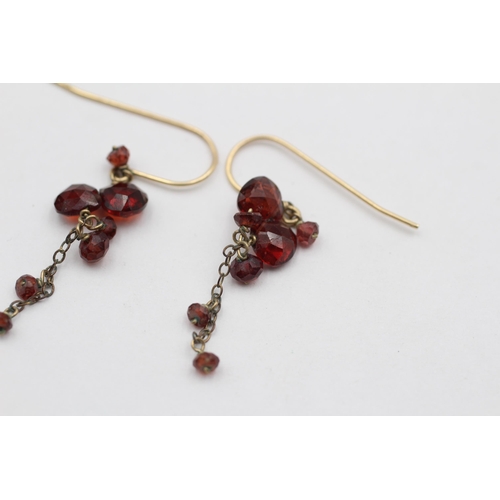 9 - 9ct Gold Faceted Garnet French Wire Drop Earrings (1.7g)