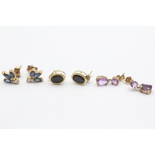 98 - 3 X 9ct Gold Paired Gemstone Earrings Amethyst, Sapphire & Clear Gemstone (3.6g)