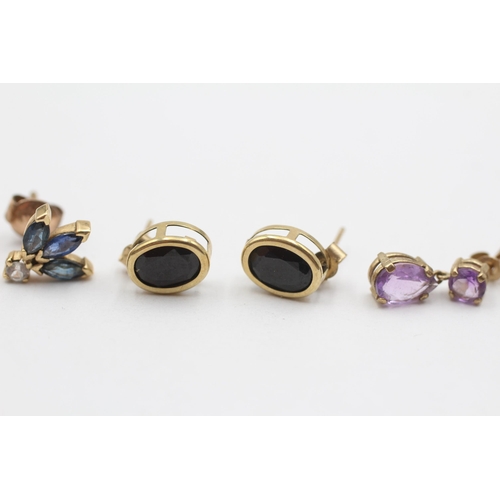 98 - 3 X 9ct Gold Paired Gemstone Earrings Amethyst, Sapphire & Clear Gemstone (3.6g)