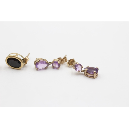 98 - 3 X 9ct Gold Paired Gemstone Earrings Amethyst, Sapphire & Clear Gemstone (3.6g)