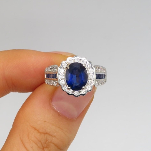 140 - 18ct White Gold Diamond And Sapphire Lace Halo Cluster And Shoulder Set Dress Ring (4.2g) size P1/2