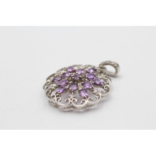 129 - 9ct White Gold Diamond And Amethyst Ornate Openwork Lace Cluster Pendant (3.3g)