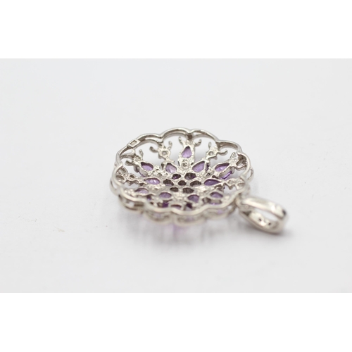 129 - 9ct White Gold Diamond And Amethyst Ornate Openwork Lace Cluster Pendant (3.3g)