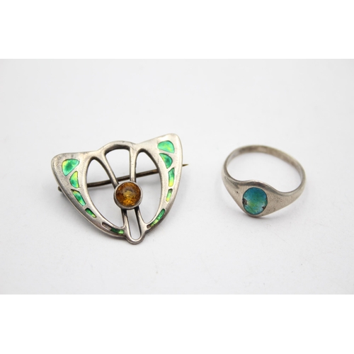 174 - A Silver Arts And Crafts Enamel Brooch And Ring By Charles Horner (7g)