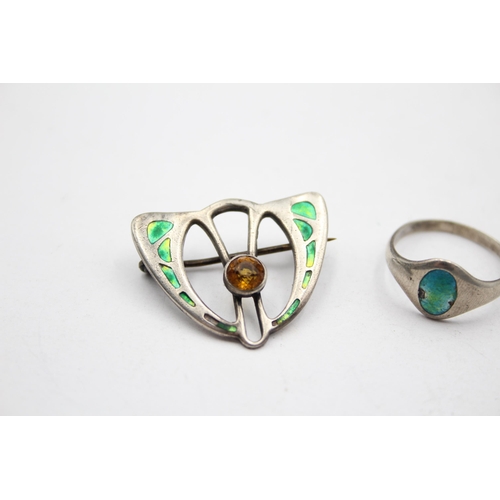 174 - A Silver Arts And Crafts Enamel Brooch And Ring By Charles Horner (7g)