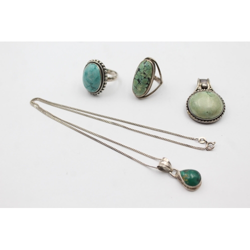 185 - Two Silver Pendants And Rings Set With Gemstone, Including Turquoise (38g)