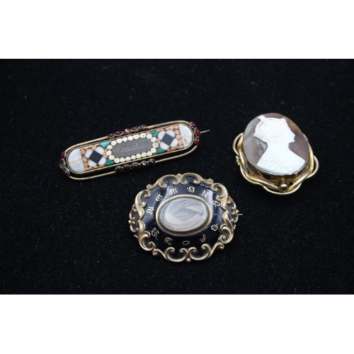 189 - Three Victorian Brooches Including Mourning And A Carved Shell Cameo (50g)