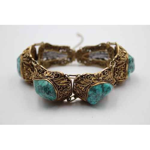 198 - A Silver Chinese Export Turquoise Set Panel Bracelet (63g)