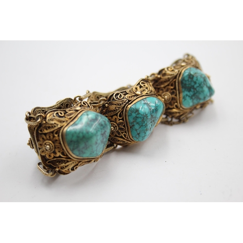 198 - A Silver Chinese Export Turquoise Set Panel Bracelet (63g)