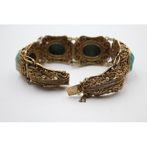 198 - A Silver Chinese Export Turquoise Set Panel Bracelet (63g)