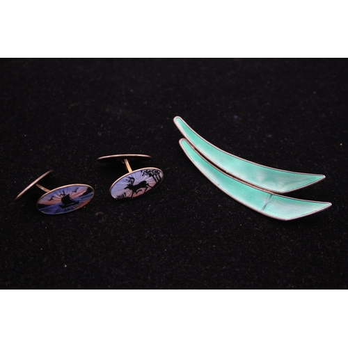 201 - A Scandinavian Silver Enamel Brooch And A Pair Of Cufflinks By David Anderson (26g)