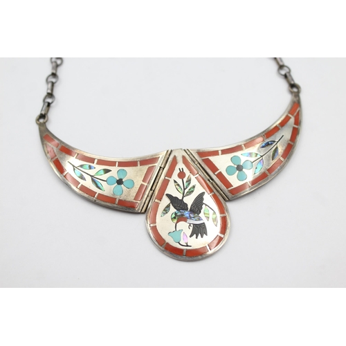 203 - A Silver Gemstone Inlay Collar Necklace By Dennis Nancy Edaakie, Zuni (37g)