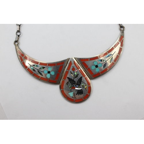 203 - A Silver Gemstone Inlay Collar Necklace By Dennis Nancy Edaakie, Zuni (37g)