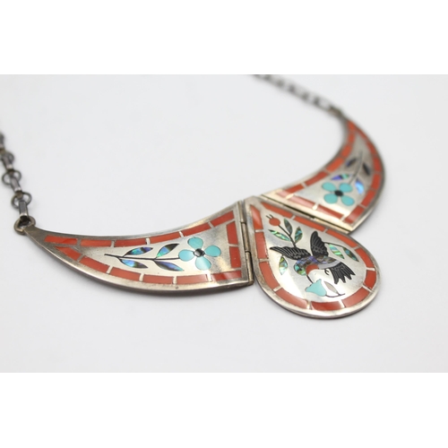 203 - A Silver Gemstone Inlay Collar Necklace By Dennis Nancy Edaakie, Zuni (37g)